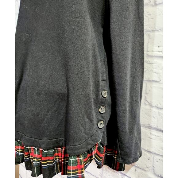 Loft Black Red Plaid Ruffled Hem Top M Faux Button Side Details Round Neck - Picture 3 of 6